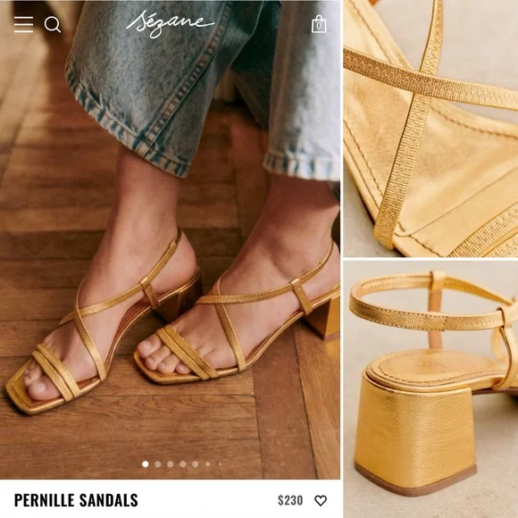 SEZANE PERNILLE SANDALS GOLD 37 6.5 Strappy Block Heel Square Toe Metallic Shoes - Picture 3 of 16